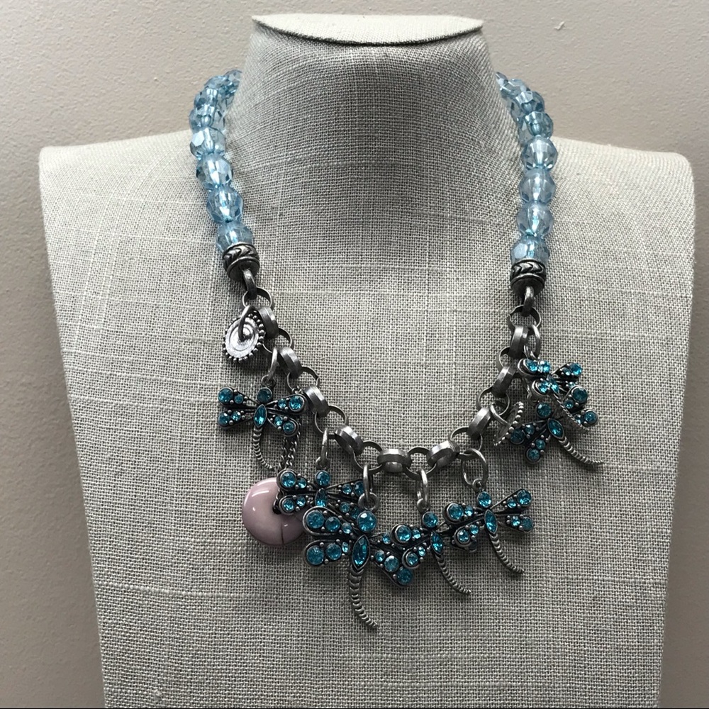 Antique silver rhinestone dragonfly necklace